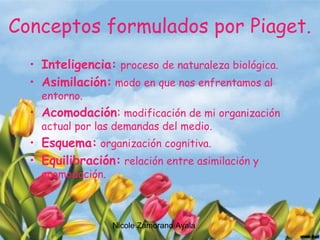 Nicole Zamorano Ayala
Conceptos formulados por Piaget.
• Inteligencia: proceso de naturaleza biológica.
• Asimilación: modo en que nos enfrentamos al
entorno.
• Acomodación: modificación de mi organización
actual por las demandas del medio.
• Esquema: organización cognitiva.
• Equilibración: relación entre asimilación y
acomodación.
 