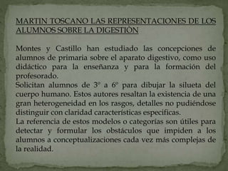 MARTIN TOSCANO LAS REPRESENTACIONES DE LOS
ALUMNOS SOBRE LA DIGESTIÒN
Montes y Castillo han estudiado las concepciones de
alumnos de primaria sobre el aparato digestivo, como uso
didáctico para la enseñanza y para la formación del
profesorado.
Solicitan alumnos de 3º a 6º para dibujar la silueta del
cuerpo humano. Estos autores resaltan la existencia de una
gran heterogeneidad en los rasgos, detalles no pudiéndose
distinguir con claridad características especificas.
La referencia de estos modelos o categorías son útiles para
detectar y formular los obstáculos que impiden a los
alumnos a conceptualizaciones cada vez más complejas de
la realidad.
 