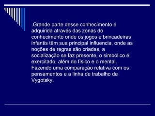 .Grande parte desse conhecimento é adquirida através das zonas do conhecimento onde os jogos e brincadeiras infantis têm sua principal influencia, onde as noções de regras são criadas, a socialização se faz presente, o simbólico é exercitado, além do físico e o mental. Fazendo uma comparação relativa com os pensamentos e a linha de trabalho de Vygotsky.  