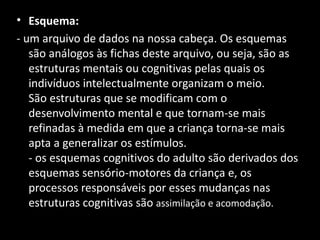 • Esquema:
- um arquivo de dados na nossa cabeça. Os esquemas
   são análogos às fichas deste arquivo, ou seja, são as
   estruturas mentais ou cognitivas pelas quais os
   indivíduos intelectualmente organizam o meio.
   São estruturas que se modificam com o
   desenvolvimento mental e que tornam-se mais
   refinadas à medida em que a criança torna-se mais
   apta a generalizar os estímulos.
   - os esquemas cognitivos do adulto são derivados dos
   esquemas sensório-motores da criança e, os
   processos responsáveis por esses mudanças nas
   estruturas cognitivas são assimilação e acomodação.
 