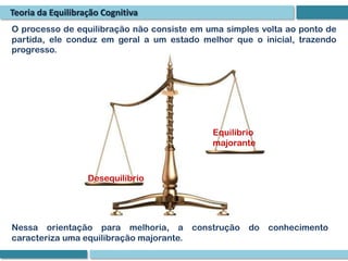 Teoria da Equilibração Cognitiva
O processo de equilibração não consiste em uma simples volta ao ponto de
partida, ele conduz em geral a um estado melhor que o inicial, trazendo
progresso.




                                              Equilíbrio
                                              majorante



                   Desequilíbrio




Nessa orientação para melhoria, a         construção   do   conhecimento
caracteriza uma equilibração majorante.
 
