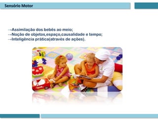 Sensório Motor




 →Assimilação dos bebês ao meio;
 →Noção de objetos,espaço,causalidade e tempo;
 →Inteligência prática(através de ações).
 