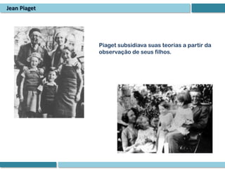Jean Piaget




              Piaget subsidiava suas teorias a partir da
              observação de seus filhos.
 