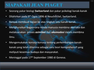 SIAPAKAH JEAN PIAGET
• Seorang pakar biologi Switzerland dan pakar psikologi kanak-kanak
• Dilahirkan pada 9th Ogos 1896 di NeuchÃ¢tel, Switzerland.
• Banyak membuat kajian ke atas tingkah laku kanak-kanak.
• Menghuraikan bagaimana minda manusia membina skemata dan
  melaksanakan proses asimilasi dan akomodasi dalam membina
  ilmu.
• Mengemukakan konsep-konsep tentang perkembangan kanak-
  kanak yang telah diterima sebagai satu teori komprehensif yang
  meliputi kesemua budaya dan masyarakat.
• Meninggal pada 17th September 1980 di Geneva.
 