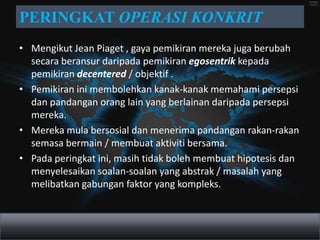 PERINGKAT OPERASI KONKRIT
• Mengikut Jean Piaget , gaya pemikiran mereka juga berubah
  secara beransur daripada pemikiran egosentrik kepada
  pemikiran decentered / objektif .
• Pemikiran ini membolehkan kanak-kanak memahami persepsi
  dan pandangan orang lain yang berlainan daripada persepsi
  mereka.
• Mereka mula bersosial dan menerima pandangan rakan-rakan
  semasa bermain / membuat aktiviti bersama.
• Pada peringkat ini, masih tidak boleh membuat hipotesis dan
  menyelesaikan soalan-soalan yang abstrak / masalah yang
  melibatkan gabungan faktor yang kompleks.
 