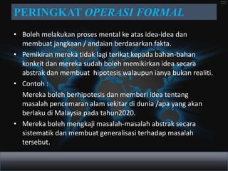 PERINGKAT OPERASI FORMAL
• Boleh melakukan proses mental ke atas idea-idea dan
  membuat jangkaan / andaian berdasarkan fakta.
• Pemikiran mereka tidak lagi terikat kepada bahan-bahan
  konkrit dan mereka sudah boleh memikirkan idea secara
  abstrak dan membuat hipotesis walaupun ianya bukan realiti.
• Contoh :
  Mereka boleh berhipotesis dan memberi idea tentang
  masalah pencemaran alam sekitar di dunia /apa yang akan
  berlaku di Malaysia pada tahun2020.
• Mereka boleh mengkaji masalah-masalah abstrak secara
  sistematik dan membuat generalisasi terhadap masalah
  tersebut.
 