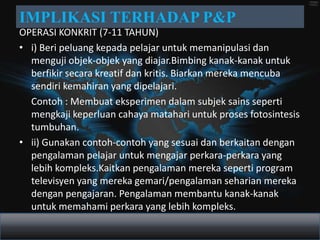 IMPLIKASI TERHADAP P&P
OPERASI KONKRIT (7-11 TAHUN)
• i) Beri peluang kepada pelajar untuk memanipulasi dan
  menguji objek-objek yang diajar.Bimbing kanak-kanak untuk
  berfikir secara kreatif dan kritis. Biarkan mereka mencuba
  sendiri kemahiran yang dipelajari.
  Contoh : Membuat eksperimen dalam subjek sains seperti
  mengkaji keperluan cahaya matahari untuk proses fotosintesis
  tumbuhan.
• ii) Gunakan contoh-contoh yang sesuai dan berkaitan dengan
  pengalaman pelajar untuk mengajar perkara-perkara yang
  lebih kompleks.Kaitkan pengalaman mereka seperti program
  televisyen yang mereka gemari/pengalaman seharian mereka
  dengan pengajaran. Pengalaman membantu kanak-kanak
  untuk memahami perkara yang lebih kompleks.
 