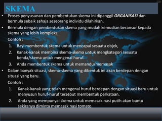 SKEMA
• Proses penyusunan dan pembentukan skema ini dipanggil ORGANISASI dan
  bermula sebaik sahaja seseorang individu dilahirkan.
• Bermula dengan pembentukan skema yang mudah kemudian beransur kepada
  skema yang lebih kompleks.
  Contoh :
   1. Bayi membentuk skema untuk mencapai sesuatu objek,
   2. Kanak-kanak membina skema-skema untuk mengkategori sesuatu
       benda/skema untuk mengenal huruf.
   3. Anda membentuk skema untuk memandu/memasak
• Dalam banyak situasi, skema-skema yang dibentuk ini akan berdepan dengan
  situasi yang baru.
  Contoh :
   1. Kanak-kanak yang telah mengenal huruf berdepan dengan situasi baru untuk
        menyusun huruf-huruf tersebut membentuk perkataan.
   2. Anda yang mempunyai skema untuk memasak nasi putih akan buntu
        sekiranya diminta memasak nasi tomato.
 