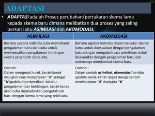 ADAPTASI
• ADAPTASI adalah Proses perubahan/pertukaran skema lama
  kepada skema baru dimana melibatkan dua proses yang saling
  berkait iaitu ASIMILASI dan AKOMODASI.
            ASIMILASI                     AKOMODASI
 Berlaku apabila individu cuba memahami   Berlaku apabila individu dapat menukar skema
 pengalaman baru dan cuba untuk           lama untuk disesuaikan dengan pengalaman
 menyesuaikan pengalaman ini dengan       baru dengan mengubah cara pemikiran untuk
 skema yang telah sedia ada.              disesuaikan dengan pengalaman baru dan
                                          seterusnya membentuk skema baru.
 Contoh :                                 Contoh :
 Dalam mengenal huruf, kanak-kanak        Dalam contoh asimilasi, akomodasi berlaku
 mungkin akan menyatakan “d” sebagai      apabila kanak-kanak dapat mengenal dan
 “b”apabila diperkenalkan. Melalui        membezakan “d” daripada “b”
 pengalaman dan bimbingan, kanak-kanak
 akan cuba memadankan pengetahuan
 baru dengan skema lama yang telah ada.
 