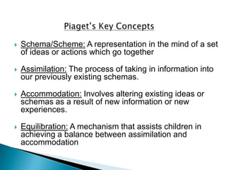    Schema/Scheme: A representation in the mind of a set
    of ideas or actions which go together

   Assimilation: The process of taking in information into
    our previously existing schemas.

   Accommodation: Involves altering existing ideas or
    schemas as a result of new information or new
    experiences.

   Equilibration: A mechanism that assists children in
    achieving a balance between assimilation and
    accommodation
 
