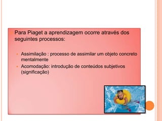  Para Piaget a aprendizagem ocorre através dos
seguintes processos:
 Assimilação : processo de assimilar um objeto concreto
mentalmente
 Acomodação: introdução de conteúdos subjetivos
(significação)
 