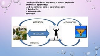 La adaptación de sus esquemas al mundo explica la
enseñanza- aprendizaje.
Los 3 mecanismos para el aprendizaje son:
1. Asimilación
2. Acomodación
3 Equilibrio.