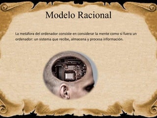 Modelo Racional
La metáfora del ordenador consiste en considerar la mente como si fuera un
ordenador: un sistema que recibe, almacena y procesa información.
 
