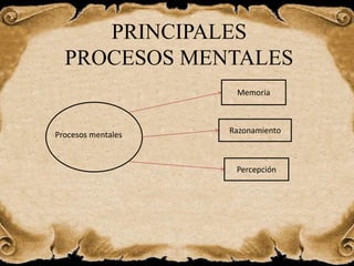 PRINCIPALES
PROCESOS MENTALES
Memoria
Razonamiento
Percepción
Procesos mentales
 