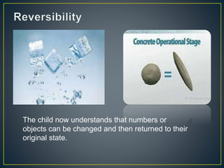The child now understands that numbers or
objects can be changed and then returned to their
original state.
 