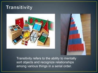Transitivity refers to the ability to mentally
sort objects and recognize relationships
among various things in a serial order.
 