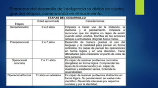 El proceso del desarrollo de inteligencia se divide en cuatro
grandes etapas, comenzando en el nacimiento.
 