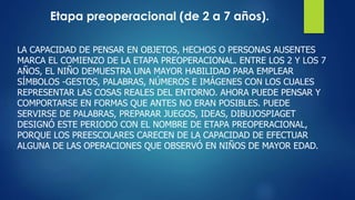 Etapa preoperacional (de 2 a 7 años).
LA CAPACIDAD DE PENSAR EN OBJETOS, HECHOS O PERSONAS AUSENTES
MARCA EL COMIENZO DE LA ETAPA PREOPERACIONAL. ENTRE LOS 2 Y LOS 7
AÑOS, EL NIÑO DEMUESTRA UNA MAYOR HABILIDAD PARA EMPLEAR
SÍMBOLOS -GESTOS, PALABRAS, NÚMEROS E IMÁGENES CON LOS CUALES
REPRESENTAR LAS COSAS REALES DEL ENTORNO. AHORA PUEDE PENSAR Y
COMPORTARSE EN FORMAS QUE ANTES NO ERAN POSIBLES. PUEDE
SERVIRSE DE PALABRAS, PREPARAR JUEGOS, IDEAS, DIBUJOSPIAGET
DESIGNÓ ESTE PERIODO CON EL NOMBRE DE ETAPA PREOPERACIONAL,
PORQUE LOS PREESCOLARES CARECEN DE LA CAPACIDAD DE EFECTUAR
ALGUNA DE LAS OPERACIONES QUE OBSERVÓ EN NIÑOS DE MAYOR EDAD.
 