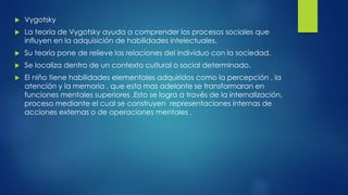  Vygotsky
 La teoría de Vygotsky ayuda a comprender los procesos sociales que
influyen en la adquisición de habilidades intelectuales.
 Su teoría pone de relieve las relaciones del individuo con la sociedad.
 Se localiza dentro de un contexto cultural o social determinado.
 El niño tiene habilidades elementales adquiridos como la percepción , la
atención y la memoria , que esta mas adelante se transformaran en
funciones mentales superiores .Esto se logra a través de la internalización,
proceso mediante el cual se construyen representaciones internas de
acciones externas o de operaciones mentales .
 