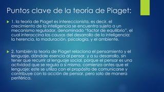 Puntos clave de la teoría de Piaget:
 1. la teoría de Piaget es intereccionista, es decir, el
crecimiento de la inteligencia se encuentra sujeto a un
mecanismo regulador, denominado “factor de equilibrio”, el
cual interaccina las causas del desarrollo de la inteligencia:
la herencia, la maduración, psicología, y el ambiente.
 2. también la teoría de Piaget relaciona el pensamiento y el
lenguaje, dándole esencia al pensar, y a su desarrollo, sin
tener que recurrir al lenguaje social, porque el pensar es una
actividad que se regula a si misma, comienza antes que el
lenguaje: este se utiliza con el propósito de comunicarse y
contribuye con la acción de pensar, pero solo de manera
periférica.
 