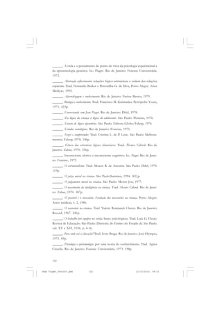 152
______. A vida e o pensamento do ponto de vista da psicologia experimental e
da epistemologia genética. In.: Piaget. Rio de Janeiro: Forense Universitária,
1972.
______. Abstração reflexionante: relações lógico-aritméticas e ordem das relações
espaciais. Trad. Fernando Becker e Petronilha G. da Silva, Porto Alegre: Artes
Médicas, 1995.
______. Aprendizagem e conhecimento. Rio de Janeiro: Freitas Bastos, 1979.
______. Biologia e conhecimento. Trad. Francisco M. Guimarães. Petrópolis: Vozes,
1973. 423p.
______. Conversando com Jean Piaget. Rio de Janeiro: Difel, 1978.
______. Da lógica da criança à lógica do adolescente. São Paulo: Pioneira, 1976.
______. Ensaio de lógica operatória. São Paulo: Editora Globo/Edusp, 1976.
______. Estudos sociológicos. Rio de Janeiro: Forense, 1973.
______. Fazer e compreender. Trad. Cristina L. de P. Leite. São Paulo: Melhora-
mentos; Edusp, 1978. 186p.
______. Gênese das estruturas lógicas elementares. Trad. Álvaro Cabral. Rio de
Janeiro: Zahar, 1970. 356p.
______. Inconsciente afetivo e inconsciente cognitivo. In.: Piaget. Rio de Janei-
ro: Forense, 1972.
______. O estruturalismo. Trad. Moacir R. de Amorim. São Paulo: Difel, 1970.
119p.
______. O juízo moral na criança. São Paulo:Summus, 1994. 302 p.
______. O julgamento moral na criança. São Paulo: Mestre Jou, 1977.
______. O nascimento da inteligência na criança. Trad. Alvaro Cabral. Rio de Janei-
ro: Zahar, 1970. 387p.
______. O possível e o necessário. Evolução dos necessários na criança. Porto Alegre:
Artes médicas, v. 2, 1986.
______. O raciocínio na criança. Trad. Valerie Rumjanek Chaves. Rio de Janeiro:
Record, 1967. 241p.
______. O trabalho por equipes na escola: bases psicológicas. Trad. Luiz G. Fleury.
Revista de Educação. São Paulo: Diretoria do Ensino do Estado de São Paulo.
vol. XV e XVI, 1936. p. 4-16.
______. Para onde vai a educação? Trad. Ivete Braga. Rio de Janeiro: José Olympio,
1973. 89p.
______. Psicologia e epistemologia: por uma teoria do conhecimento. Trad. Agnes
Cretella. Rio de Janeiro: Forense Universitária, 1973. 158p.
Jean Piaget_fev2010.pmd 21/10/2010, 09:33152
 