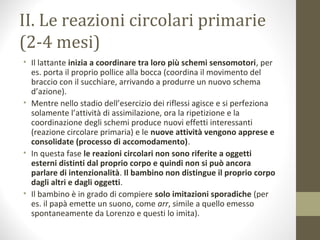 II. Le reazioni circolari primarie
(2-4 mesi)
• Il lattante inizia a coordinare tra loro più schemi sensomotori, per
es. porta il proprio pollice alla bocca (coordina il movimento del
braccio con il succhiare, arrivando a produrre un nuovo schema
d’azione).
• Mentre nello stadio dell’esercizio dei riflessi agisce e si perfeziona
solamente l’attività di assimilazione, ora la ripetizione e la
coordinazione degli schemi produce nuovi effetti interessanti
(reazione circolare primaria) e le nuove attività vengono apprese e
consolidate (processo di accomodamento).
• In questa fase le reazioni circolari non sono riferite a oggetti
esterni distinti dal proprio corpo e quindi non si può ancora
parlare di intenzionalità. Il bambino non distingue il proprio corpo
dagli altri e dagli oggetti.
• Il bambino è in grado di compiere solo imitazioni sporadiche (per
es. il papà emette un suono, come arr, simile a quello emesso
spontaneamente da Lorenzo e questi lo imita).
 