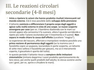 III. Le reazioni circolari
secondarie (4-8 mesi)
• Inizia a ripetere le azioni che hanno prodotto risultati interessanti nel
mondo esterno. Ciò è reso possibile dallo sviluppo della prensione
• Il lattante comincia a differenziare il proprio corpo dagli oggetti e
agisce sulla realtà esterna in vista di uno scopo. Le nuove scoperte
avvengono per caso (per es. il bambino sbattendo con le mani sui
ninnoli appesi alla carrozzina li fa suonare, allora li guarda sorridendo e
ripete più volte l’azione eccitandosi per il movimento e il suono). Non
separa in modo chiaro la causa dall’effetto (carattere “magico”).
• Le esperienze del toccare, afferrare e manipolare rendono possibile una
prima nozione di permanenza degli oggetti (se la mamma con il
fazzoletto copre un pupazzo, lasciandolo in parte scoperto, un lattante
di sette mesi solleva il fazzoletto per giocarci, ma se è interamente
coperto, il giocattolo è sparito del tutto).
• In questo periodo il lattante riesce a compiere delle imitazioni
sistematiche (imitano dapprima i suoni prodotto spontaneamente da
loro stessi, poi anche quelli prodotti dall’adulto; lo stesso avviene anche
con i gesti, per es. aprire e chiudere le mani).
 