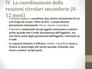 IV. La coordinazione delle
reazioni circolari secondarie (8-
12 mesi)• Il lattante impara a coordinare due schemi sensomotori di cui
uno funge da mezzo, l’altro da fine. L’azione diviene
pienamente intenzionale. Per es. posare e prendere
• Il bambino comprende che gli oggetti continuano a esistere
anche quando non li vede (permanenza dell’oggetto), ma
non tiene conto degli spostamenti dell’oggetto, nemmeno se
li vede.
• Le capacità imitative si affinano. Inoltre, il bambino riesce a
imitare le azioni degli altri anche quando, imitando, non
riesce a vedere i propri gesti.
 