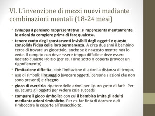 VI. L’invenzione di mezzi nuovi mediante
combinazioni mentali (18-24 mesi)
• sviluppa il pensiero rappresentativo: si rappresenta mentalmente
le azioni da compiere prima di fare qualcosa.
• tenere conto degli spostamenti invisibili degli oggetti e questo
consolida l’idea della loro permanenza. A circa due anni il bambino
cerca di trovare un giocattolo, anche se è nascosto mentre non lo
vede. Il compito non deve essere troppo difficile e deve essere
lasciato qualche indizio (per es. l’orso sotto la coperta provoca un
rigonfiamento).
• l’imitazione differita, cioè l’imitazione di azioni a distanza di tempo.
• uso di simboli: linguaggio (evocare oggetti, persone e azioni che non
sono presenti) e disegno
• gioco di esercizio: ripetere delle azioni per il puro gusto di farle. Per
es. scuote gli oggetti per vedere cosa succede
• compare il gioco simbolico con cui il bambino imita gli adulti
mediante azioni simboliche. Per es. far finta di dormire o di
rimboccare le coperte all’orsacchiotto.
 