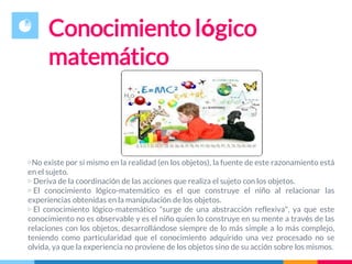 Conocimiento lógico
matemático
▷No existe por si mismo en la realidad (en los objetos), la fuente de este razonamiento está
en el sujeto.
▷ Deriva de la coordinación de las acciones que realiza el sujeto con los objetos.
▷ El conocimiento lógico-matemático es el que construye el niño al relacionar las
experiencias obtenidas en la manipulación de los objetos.
▷ El conocimiento lógico-matemático "surge de una abstracción reflexiva", ya que este
conocimiento no es observable y es el niño quien lo construye en su mente a través de las
relaciones con los objetos, desarrollándose siempre de lo más simple a lo más complejo,
teniendo como particularidad que el conocimiento adquirido una vez procesado no se
olvida, ya que la experiencia no proviene de los objetos sino de su acción sobre los mismos.
 