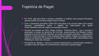 Trajetória de Piaget
 Em 1919, viaja para Paris e começa a trabalhar no Instituto Jean-Jacques Rousseau,
quando publica os primeiros artigos sobre a criança.
 Com o nascimento dos filhos (1925-1931) ele passa a ter convívio diário com criança
pequena, possibilitando assim o registro de observações que geram
novas hipóteses sobre as origens da cognição humana.
 Durante sua estadia em Paris, Piaget conhece Théodore Simon , que o convida a
padronizar os testes de raciocínio de Cyril Burt, desenvolvidos nos Estados Unidos,
experiência que lhe permitiu delimitar um campo de estudos empíricos, o pensamento
infantil e o raciocínio lógico. Como resultado desse trabalho, Piaget é convidado para o
cargo de coordenador de pesquisas do Instituto, função que inclui a "Maison des
Petits" (Casa das crianças).
 Na filosofia de Bergson , busca um caminho possível para o conhecimento científico e
a análise crítica da origem do conhecimento e descobre a epistemologia.
 
