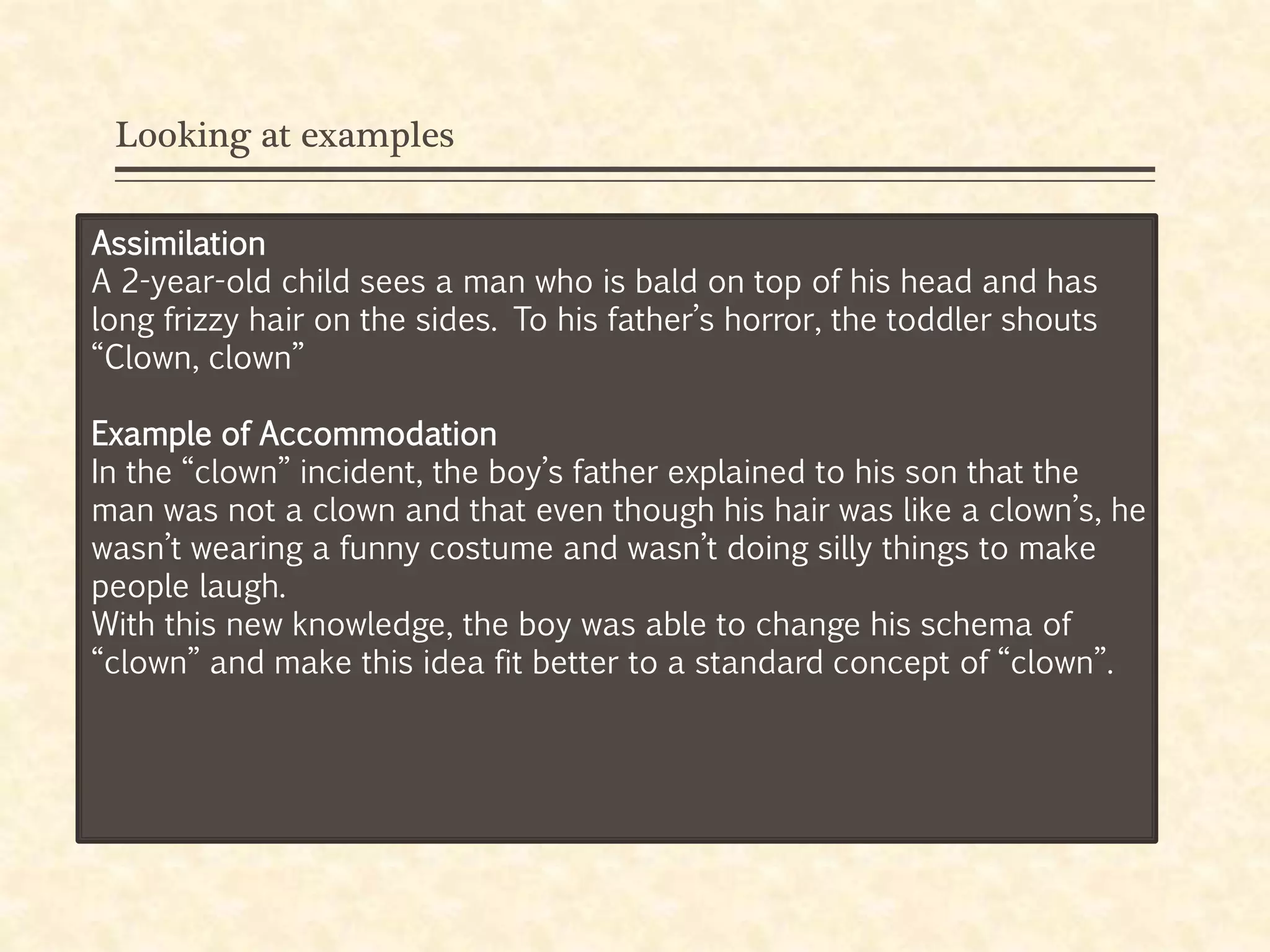 Looking at examples
Assimilation
A 2-year-old child sees a man who is bald on top of his head and has
long frizzy hair on the sides. To his father’s horror, the toddler shouts
“Clown, clown”
Example of Accommodation
In the “clown” incident, the boy’s father explained to his son that the
man was not a clown and that even though his hair was like a clown’s, he
wasn’t wearing a funny costume and wasn’t doing silly things to make
people laugh.
With this new knowledge, the boy was able to change his schema of
“clown” and make this idea fit better to a standard concept of “clown”.
 