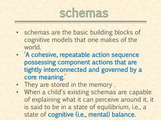 • schemas are the basic building blocks of
cognitive models that one makes of the
world.
• ‘A cohesive, repeatable action sequence
possessing component actions that are
tightly interconnected and governed by a
core meaning.’
• They are stored in the memory .
• When a child's existing schemas are capable
of explaining what it can perceive around it, it
is said to be in a state of equilibrium, i.e., a
state of cognitive (i.e., mental) balance.
 