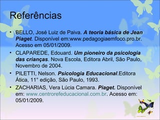 Referências
• BELLO, José Luiz de Paiva. A teoria básica de Jean
Piaget. Disponível em:www.pedagogiaemfoco.pro.br.
Acesso em 05/01/2009.
• CLAPAREDE, Edouard. Um pioneiro da psicologia
das crianças. Nova Escola, Editora Abril, São Paulo,
Novembro de 2004.
• PILETTI, Nelson. Psicologia Educacional.Editora
Ática, 11° edição, São Paulo, 1993.
• ZACHARIAS, Vera Lúcia Camara. Piaget. Disponível
em: www.centrorefeducacional.com.br. Acesso em:
05/01/2009.
 