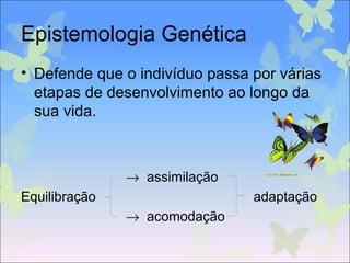 Epistemologia Genética
• Defende que o indivíduo passa por várias
etapas de desenvolvimento ao longo da
sua vida.
→ assimilação
Equilibração adaptação
→ acomodação
 
