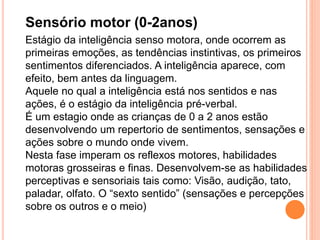 Sensório motor (0-2anos)
Estágio da inteligência senso motora, onde ocorrem as
primeiras emoções, as tendências instintivas, os primeiros
sentimentos diferenciados. A inteligência aparece, com
efeito, bem antes da linguagem.
Aquele no qual a inteligência está nos sentidos e nas
ações, é o estágio da inteligência pré-verbal.
É um estagio onde as crianças de 0 a 2 anos estão
desenvolvendo um repertorio de sentimentos, sensações e
ações sobre o mundo onde vivem.
Nesta fase imperam os reflexos motores, habilidades
motoras grosseiras e finas. Desenvolvem-se as habilidades
perceptivas e sensoriais tais como: Visão, audição, tato,
paladar, olfato. O “sexto sentido” (sensações e percepções
sobre os outros e o meio)
 