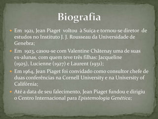  Em 1921, Jean Piaget voltou à Suíça e tornou-se diretor de
estudos no Instituto J. J. Rousseau da Universidade de
Genebra;
 Em 1923, casou-se com Valentine Châtenay uma de suas
ex-alunas, com quem teve três filhas: Jacqueline
(1925), Lucienne (1927) e Laurent (1931);
 Em 1964, Jean Piaget foi convidado como consultor chefe de
duas conferências na Cornell University e na University of
Califórnia;
 Até a data de seu falecimento, Jean Piaget fundou e dirigiu
o Centro Internacional para Epistemologia Genética;
 