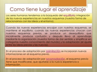 Los seres humanos tendemos a la búsqueda del equilibrio: integración
de las nuevas experiencias en nuestros esquemas (nuestra forma de
relacionarnos con las ideas y el entorno).
Cuando las nuevas experiencias encajan con nuestros esquemas, se
mantiene el equilibrio; cuando las nuevas experiencias chocan con
nuestros esquemas previos, se produce un desequilibrio que
inicialmente produce confusión y después lleva al aprendizaje
mediante la organización (nuestra forma de dar sentido y simplificar en
categorías nuestro conocimiento del mundo) y la adaptación (el ajuste
entre las ideas previas y las nuevas).
En el proceso de adaptación por asimilación se incorporan nuevas
informaciones en el esquema previo.
En el proceso de adaptación por acomodación, el esquema previo
tiene que modificarse, que ajustarse a la nueva experiencia o
información.
Como tiene lugar el aprendizaje
 