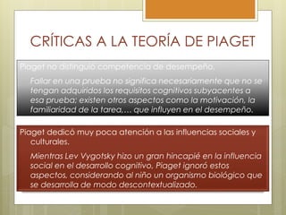 Piaget dedicó muy poca atención a las influencias sociales y
culturales.
Mientras Lev Vygotsky hizo un gran hincapié en la influencia
social en el desarrollo cognitivo, Piaget ignoró estos
aspectos, considerando al niño un organismo biológico que
se desarrolla de modo descontextualizado.
Piaget no distinguió competencia de desempeño.
Fallar en una prueba no significa necesariamente que no se
tengan adquiridos los requisitos cognitivos subyacentes a
esa prueba; existen otros aspectos como la motivación, la
familiaridad de la tarea,… que influyen en el desempeño.
CRÍTICAS A LA TEORÍA DE PIAGET
 