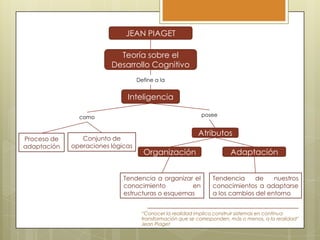 JEAN PIAGET
Teoría sobre el
Desarrollo Cognitivo
Define a la

Inteligencia
posee

como

Proceso de
adaptación

Conjunto de
operaciones lógicas

Atributos
Organización

Tendencia a organizar el
conocimiento
en
estructuras o esquemas

Adaptación
Tendencia
de
nuestros
conocimientos a adaptarse
a los cambios del entorno

“Conocer la realidad implica construir sistemas en continua
transformación que se corresponden, más o menos, a la realidad”
Jean Piaget

 