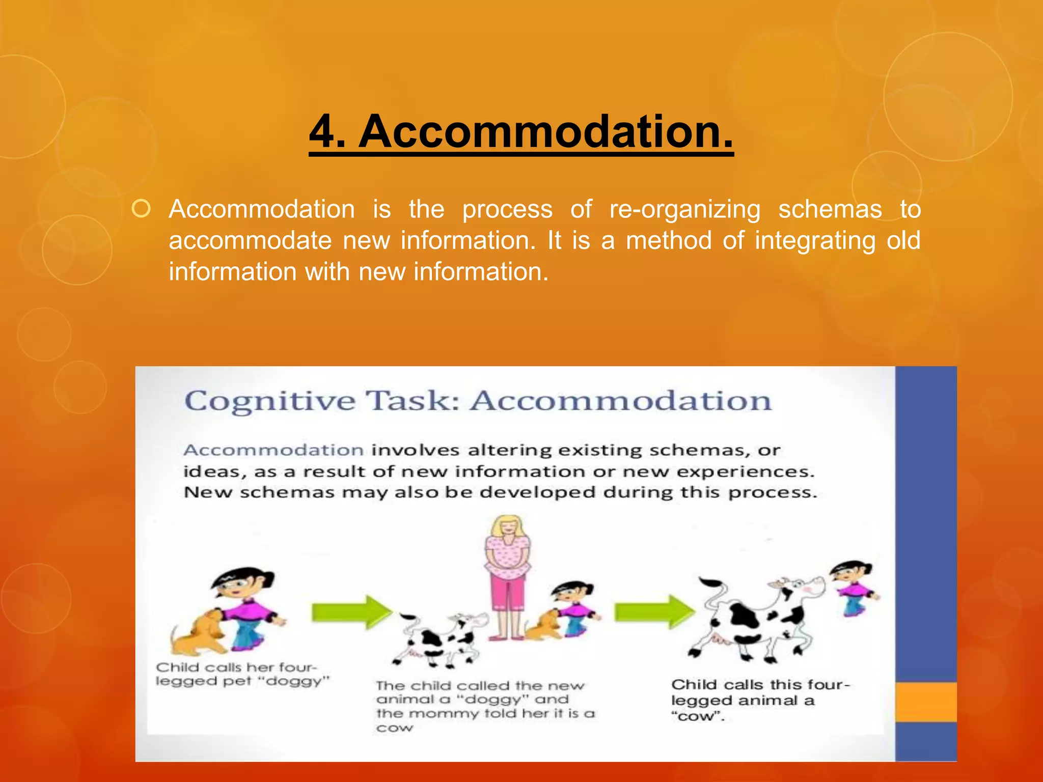4. Accommodation.
 Accommodation is the process of re-organizing schemas to
accommodate new information. It is a method of integrating old
information with new information.
 
