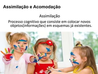 Processo cognitivo que consiste em colocar novos
objetos(informações) em esquemas já existentes.
Assimilação
Assimilação e Acomodação
 