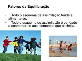 Fatores da Equilibração
• Todo o esquema de assimilação tende a
alimenta-se.
• Todo o esquema de assimilação é obrigado
a acomodar-se aos elementos que assimila.
 