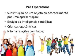 Pré Operatório
• Substituição de um objeto ou acontecimento
por uma apresentação;
• Estágio da inteligência simbólica;
• Crianças egocêntricas;
• Não há relações com fatos;
 