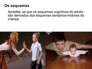 Acredita- se que os esquemas cognitivos do adulto
são derivados dos esquemas sensórios-motores da
criança.
Os esquemas
 
