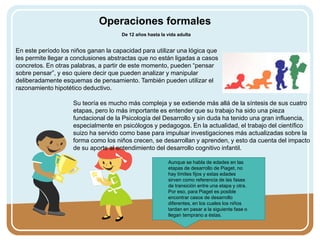 Operaciones formales
De 12 años hasta la vida adulta
En este período los niños ganan la capacidad para utilizar una lógica que
les permite llegar a conclusiones abstractas que no están ligadas a casos
concretos. En otras palabras, a partir de este momento, pueden “pensar
sobre pensar”, y eso quiere decir que pueden analizar y manipular
deliberadamente esquemas de pensamiento. También pueden utilizar el
razonamiento hipotético deductivo.
Su teoría es mucho más compleja y se extiende más allá de la síntesis de sus cuatro
etapas, pero lo más importante es entender que su trabajo ha sido una pieza
fundacional de la Psicología del Desarrollo y sin duda ha tenido una gran influencia,
especialmente en psicólogos y pedagogos. En la actualidad, el trabajo del científico
suizo ha servido como base para impulsar investigaciones más actualizadas sobre la
forma como los niños crecen, se desarrollan y aprenden, y esto da cuenta del impacto
de su aporte al entendimiento del desarrollo cognitivo infantil.
Aunque se habla de edades en las
etapas de desarrollo de Piaget, no
hay límites fijos y estas edades
sirven como referencia de las fases
de transición entre una etapa y otra.
Por eso, para Piaget es posible
encontrar casos de desarrollo
diferentes, en los cuales los niños
tardan en pasar a la siguiente fase o
llegan temprano a éstas.
 