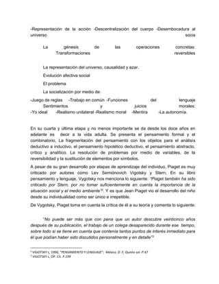 -Representación de la acción -Descentralización del cuerpo -Desembocadura al
universo socia
La génesis de las operaciones concretas:
Transformaciones reversibles
La representación del universo, causalidad y azar.
Evolución afectiva social
El problema
La socialización por medio de:
-Juego de reglas -Trabajo en común -Funciones del lenguaje
Sentimientos y juicios morales:
-Yo ideal -Realismo unilateral -Realismo moral -Mentira -La autonomía.
En su cuarta y última etapa y no menos importante se da desde los doce años en
adelante es decir a la vida adulta. Se presenta el pensamiento formal y el
combinatorio, La fragmentación del pensamiento con los objetos para el análisis
deductivo a inductivo, el pensamiento hipotético deductivo, el pensamiento abstracto,
crítico y analítico. La resolución de problemas por medio de variables, de la
reversibilidad y la sustitución de elementos por símbolos.
A pesar de su gran desarrollo por etapas de aprendizaje del individuo, Piaget es muy
criticado por autores como Lev Semiónovich Vigotsky y Stern, En su libro
pensamiento y lenguaje, Vygotsky nos menciona lo siguiente: “Piaget también ha sido
criticado por Stern, por no tomar suficientemente en cuenta la importancia de la
situación social y el medio ambiente”2. Y es que Jean Piaget vio el desarrollo del niño
desde su individualidad como ser único e irrepetible.
De Vygotsky, Piaget toma en cuenta la crítica de él a su teoría y comenta lo siguiente:
“No puede ser más que con pena que un autor descubre veinticinco años
después de su publicación, el trabajo de un colega desaparecido durante ese tiempo,
sobre todo si se tiene en cuenta que contenía tantos puntos de interés inmediato para
él que podían haber sido discutidos personalmente y en detalle”3
2
VIGOTSKY L, 1990, “PENSAMIENTO Y LENGUAJE”; México, D. F; Quinto sol. P.47
3
VIGOTSKY L, ÓP. Cit. P.199
 