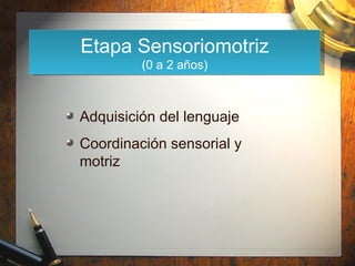 Adquisición del lenguaje Coordinación sensorial y  motriz Etapa Sensoriomotriz (0 a 2 años) 