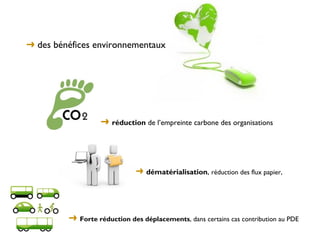 ➜ des bénéfices environnementaux




                   ➜ réduction de l’empreinte carbone des organisations




                              ➜ dématérialisation, réduction des flux papier,




         ➜ Forte réduction des déplacements, dans certains cas contribution au PDE
 
