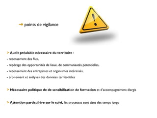 ➜ points de vigilance




> Audit préalable nécessaire du territoire :
- recensement des flux,
- repérage des opportunités de lieux, de communautés potentielles,
- recensement des entreprises et organismes intéressés,
- croisement et analyses des données territoriales


> Nécessaire politique de de sensibilisation de formation et d’accompagnement élargis


> Attention particulière sur le suivi, les processus sont dans des temps longs
 